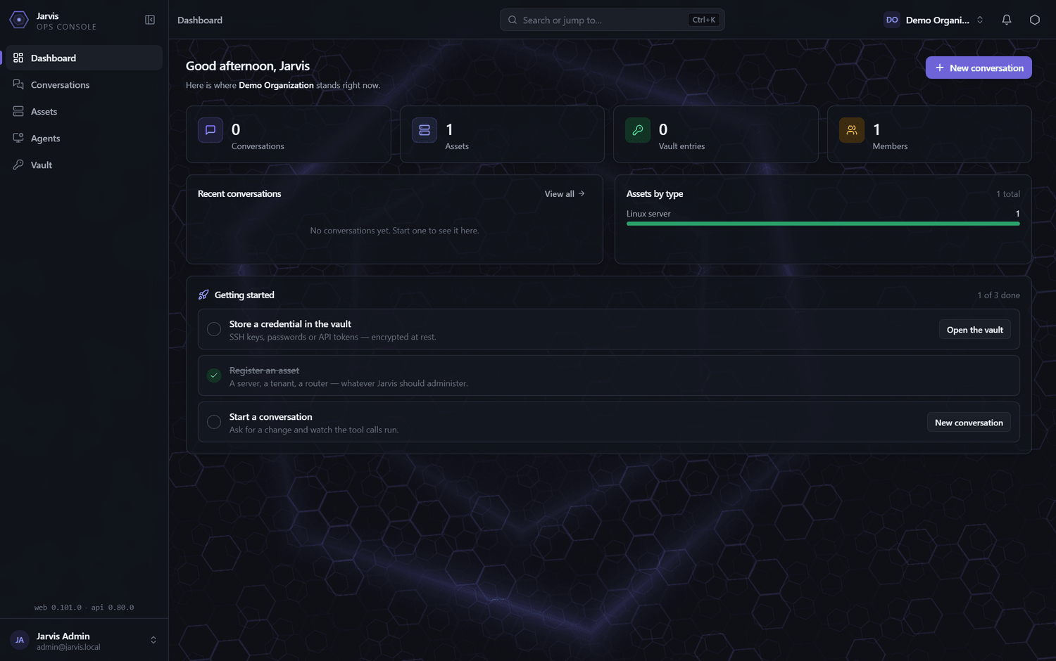 The Jarvis console, on a freshly installed instance